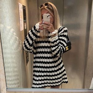 Zara Striped Pointelle Knit Sweater